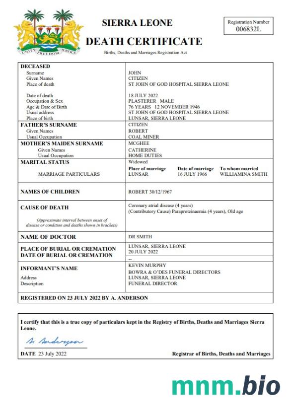 Sierra Leone śmierć certyfikat Word i PDF szablon